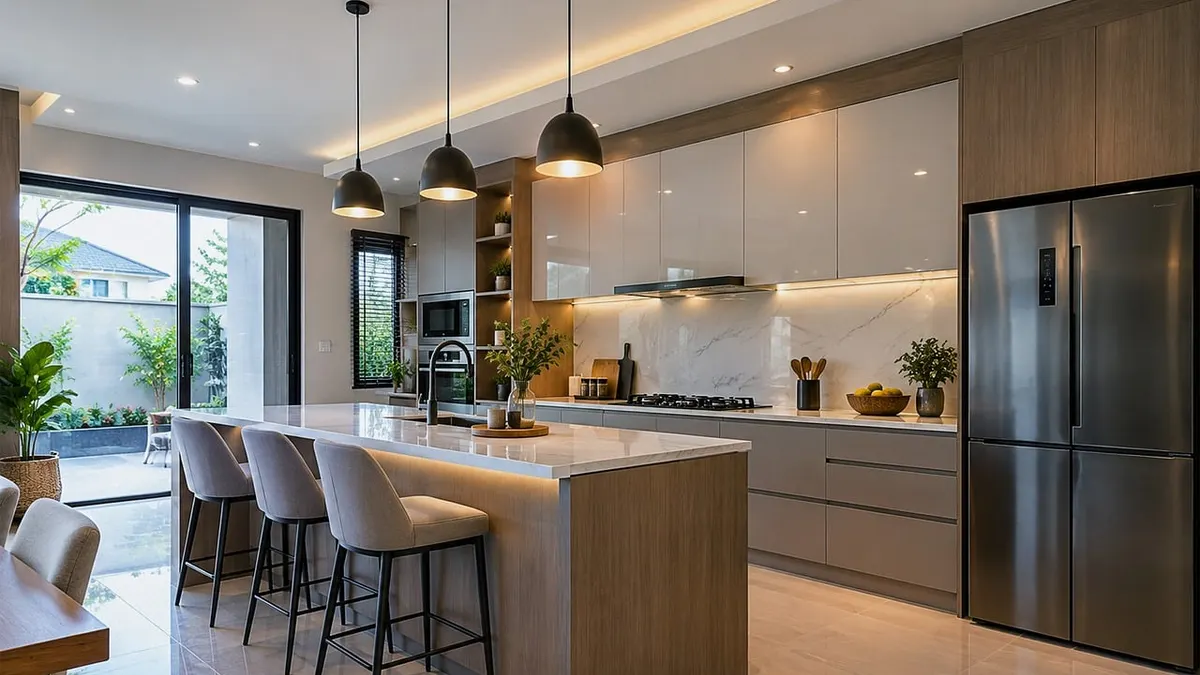 Cozinha moderna com ilha, banquetas e geladeira de aço inox